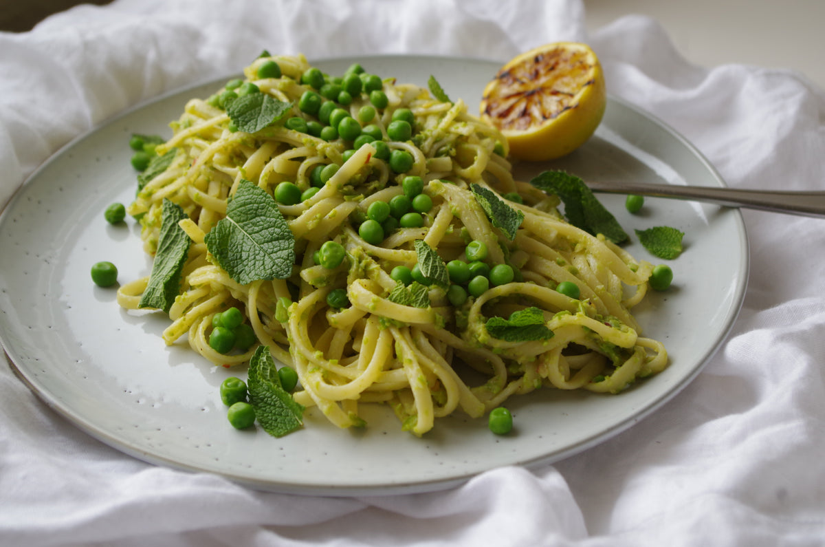 Spaghetti with pea, almond & mint pesto – Bens Greengrocers